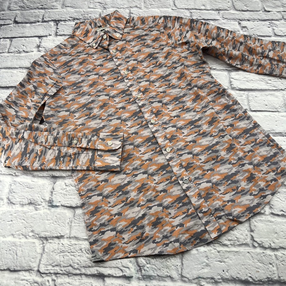 Crosby & Howard Mens M Orange Grey Camo Stretch Button Down Shirt Long Sleeve